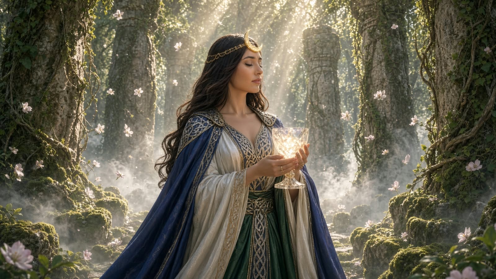 Mujer en un bosque mágico iluminado
